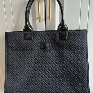 Tory Burch Black Quilted and Patent Leather Tote Bag